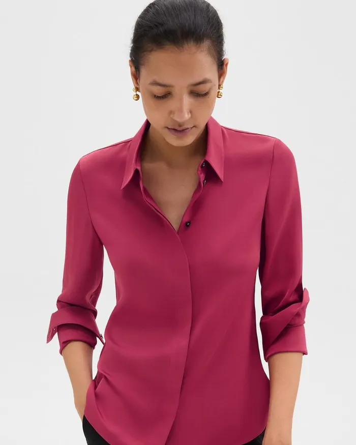 Women Theory Tops Fitted Shirt In Silk Georgette Deep Rose