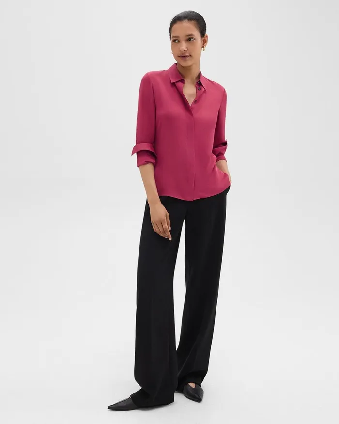 Women Theory Tops Fitted Shirt In Silk Georgette Deep Rose