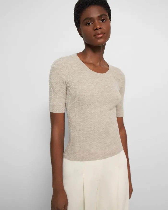 Women Theory Tops Leenda Scoop Neck Sweater In Regal Wool Classic Khaki