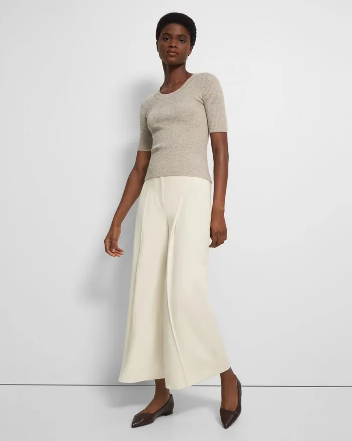 Women Theory Tops Leenda Scoop Neck Sweater In Regal Wool Classic Khaki