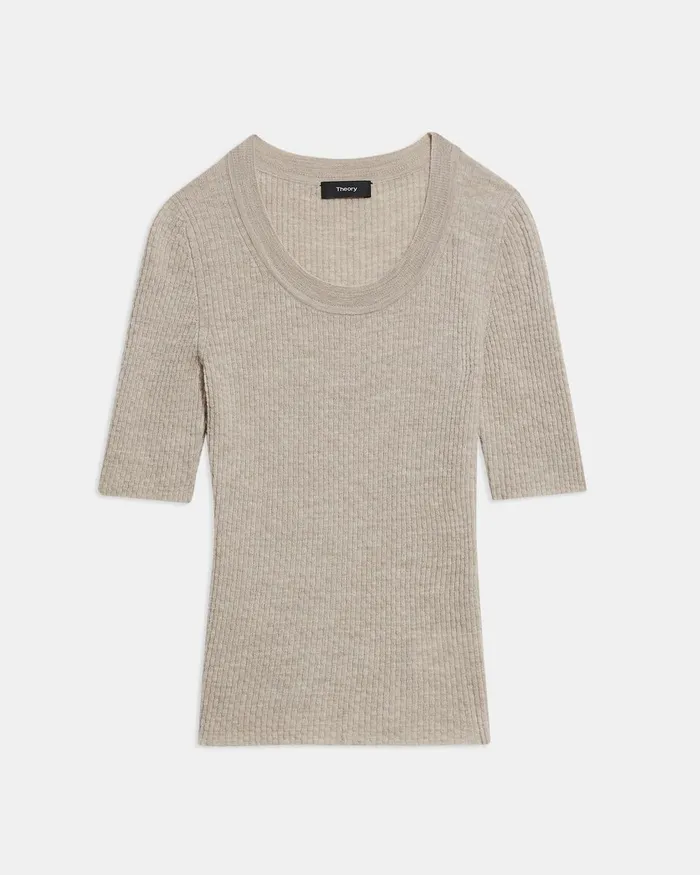 Women Theory Tops Leenda Scoop Neck Sweater In Regal Wool Classic Khaki