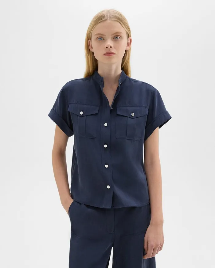 Women Theory Tops Military Shirt In Fluid Twill Nocturne Navy