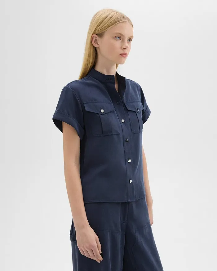 Women Theory Tops Military Shirt In Fluid Twill Nocturne Navy