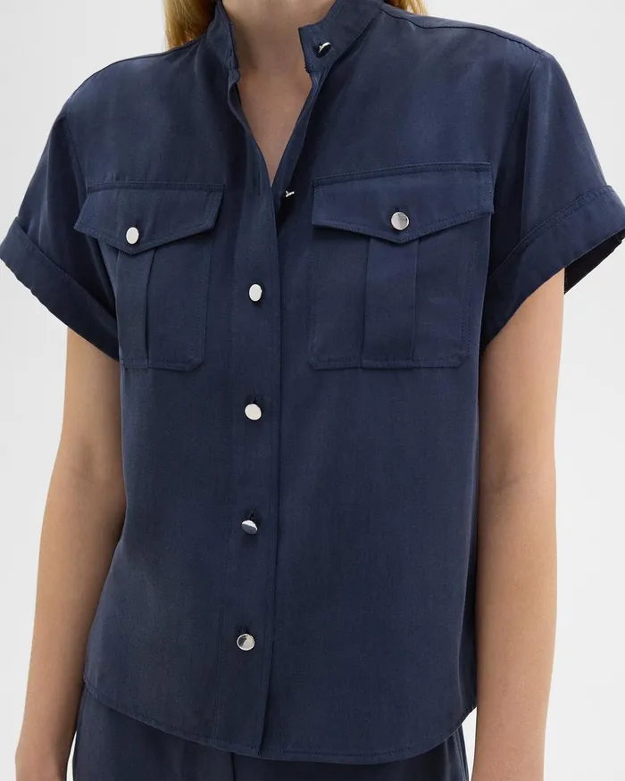 Women Theory Tops Military Shirt In Fluid Twill Nocturne Navy