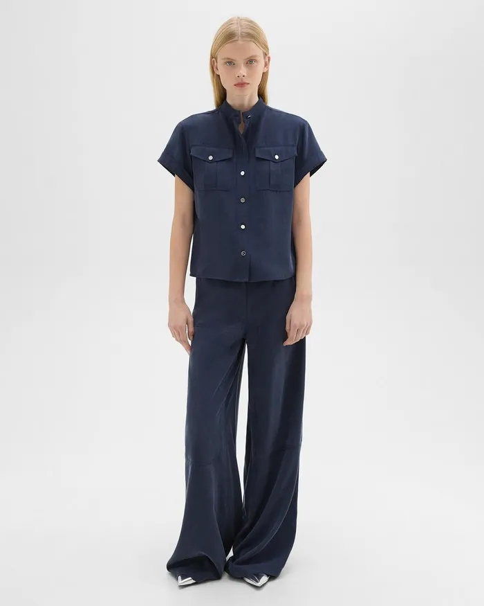 Women Theory Tops Military Shirt In Fluid Twill Nocturne Navy