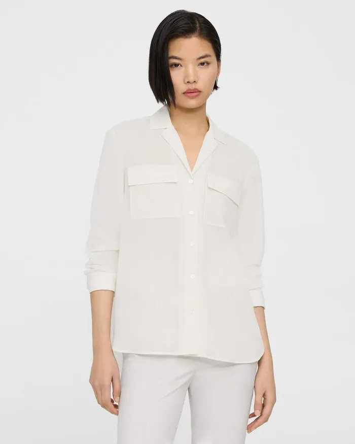 Women Theory Tops Oversized Patch Pocket Shirt In Relaxed Linen White