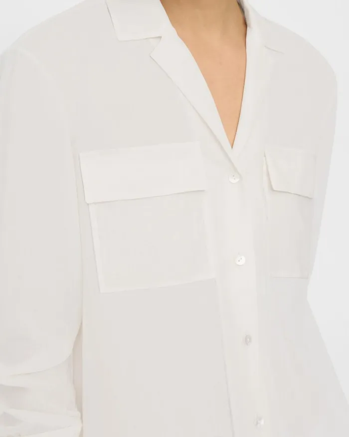 Women Theory Tops Oversized Patch Pocket Shirt In Relaxed Linen White