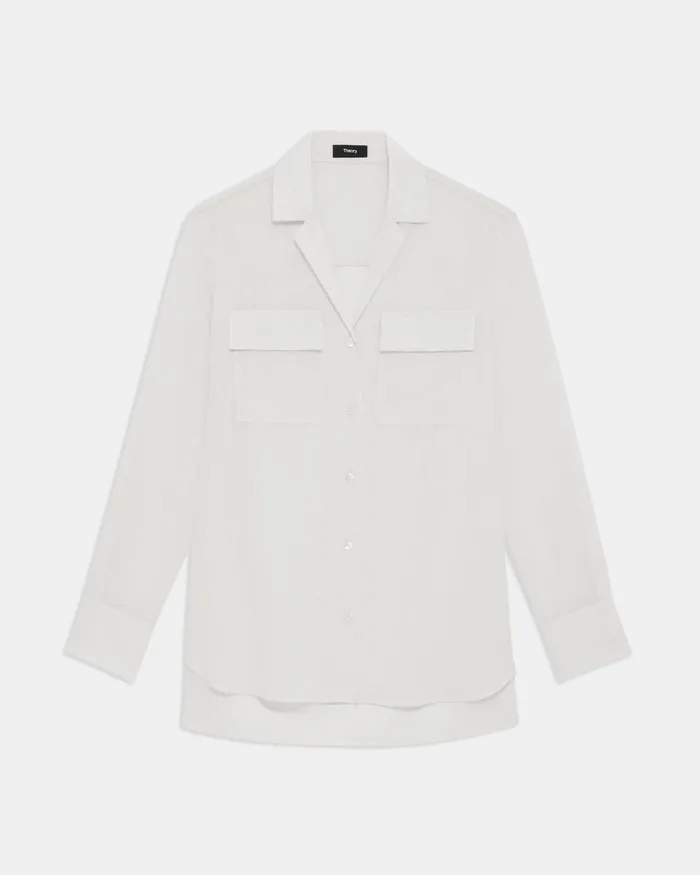 Women Theory Tops Oversized Patch Pocket Shirt In Relaxed Linen White