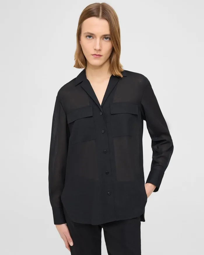 Women Theory Tops Oversized Patch Pocket Shirt In WoolPoly Black
