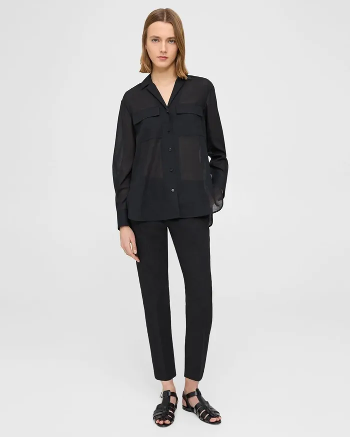 Women Theory Tops Oversized Patch Pocket Shirt In WoolPoly Black