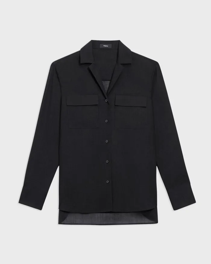 Women Theory Tops Oversized Patch Pocket Shirt In WoolPoly Black