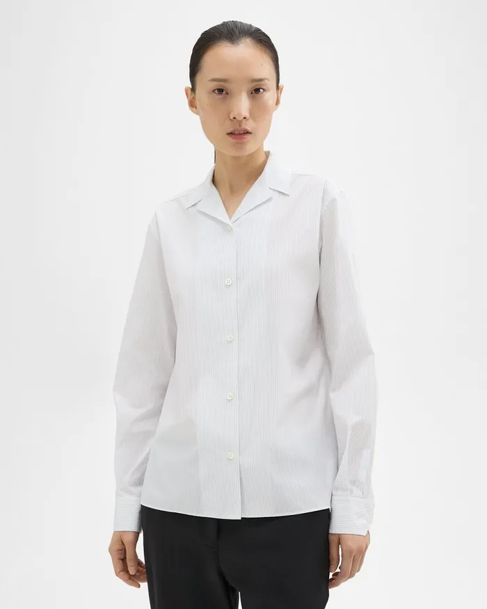 Women Theory Tops Striped CottonBlend Shirt White Multi