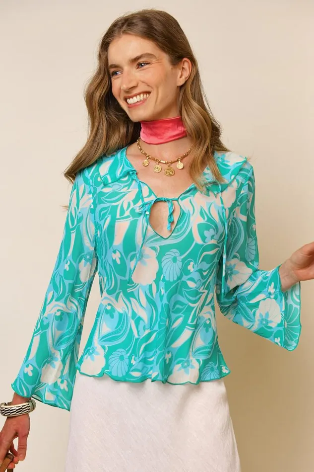 Women Tops RIXO Darwin Green Abstract Shells