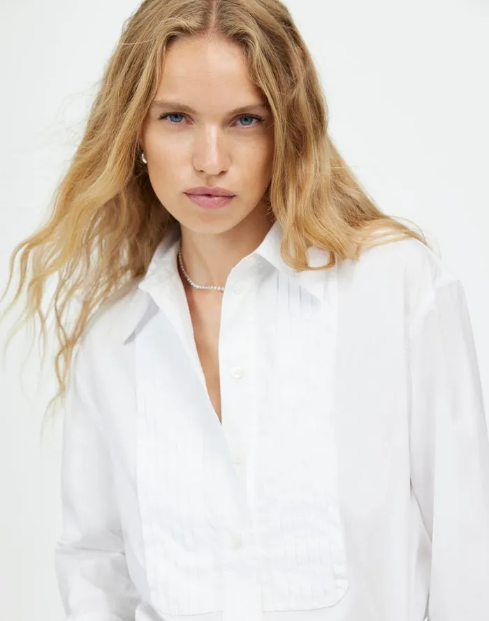 Women Tuxedo ButtonUp Shirt In Poplin Eyelet White Madewell Tops and Shirts