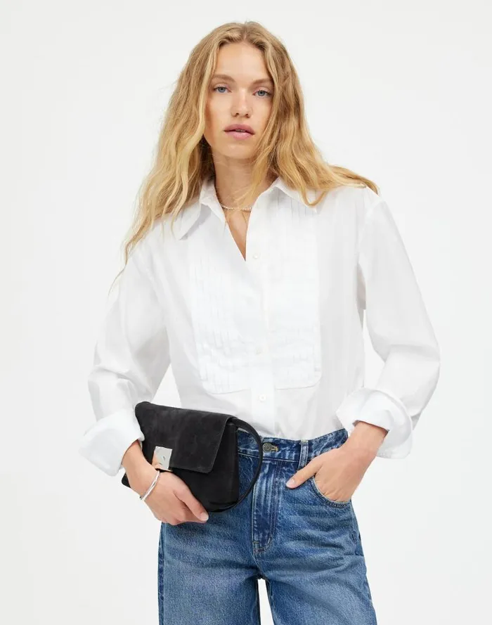 Women Tuxedo ButtonUp Shirt In Poplin Eyelet White Madewell Tops and Shirts