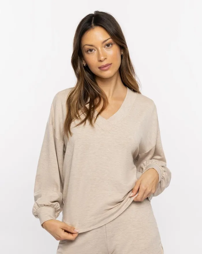 Women VIP TREATMENT CLOUD FRENCH TERRY TOP Heather Natural TravisMathew Hoodies and Pullovers Women VIP TREATMENT CLOUD FRENCH TERRY TOP Heather Natural TravisMathew Hoodies and Pullovers