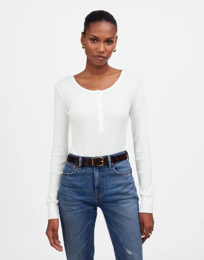 Women WaffleKnit Scoopneck Henley Tee Eyelet White Madewell Tees