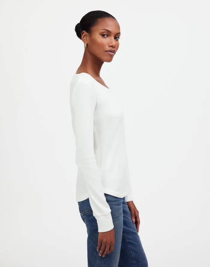 Women WaffleKnit Scoopneck Henley Tee Eyelet White Madewell Tees