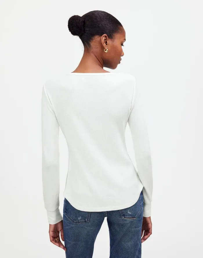 Women WaffleKnit Scoopneck Henley Tee Eyelet White Madewell Tees