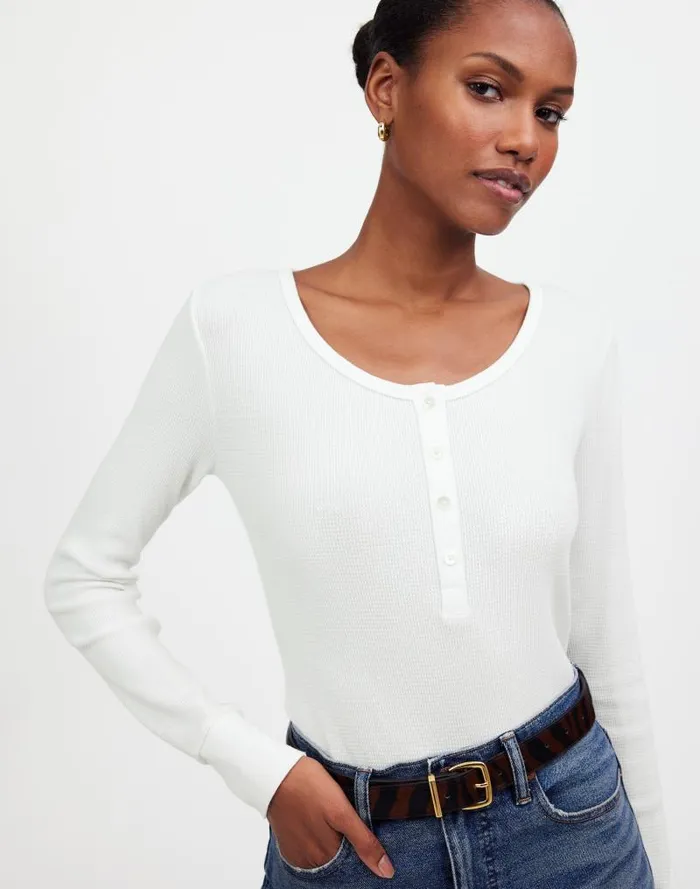 Women WaffleKnit Scoopneck Henley Tee Eyelet White Madewell Tees