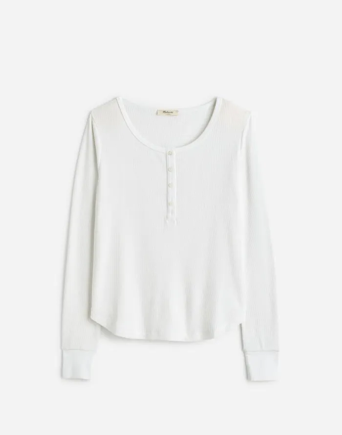 Women WaffleKnit Scoopneck Henley Tee Eyelet White Madewell Tees