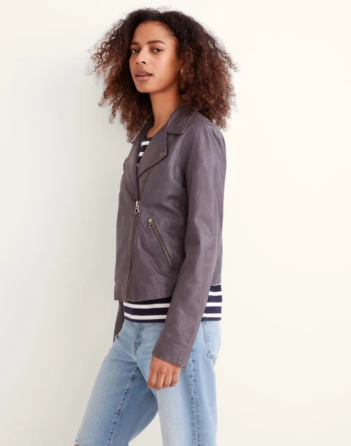 Women Washed Leather Motorcycle Jacket Brass Hardware Edition Sunfaded Indigo Madewell Coats Jackets