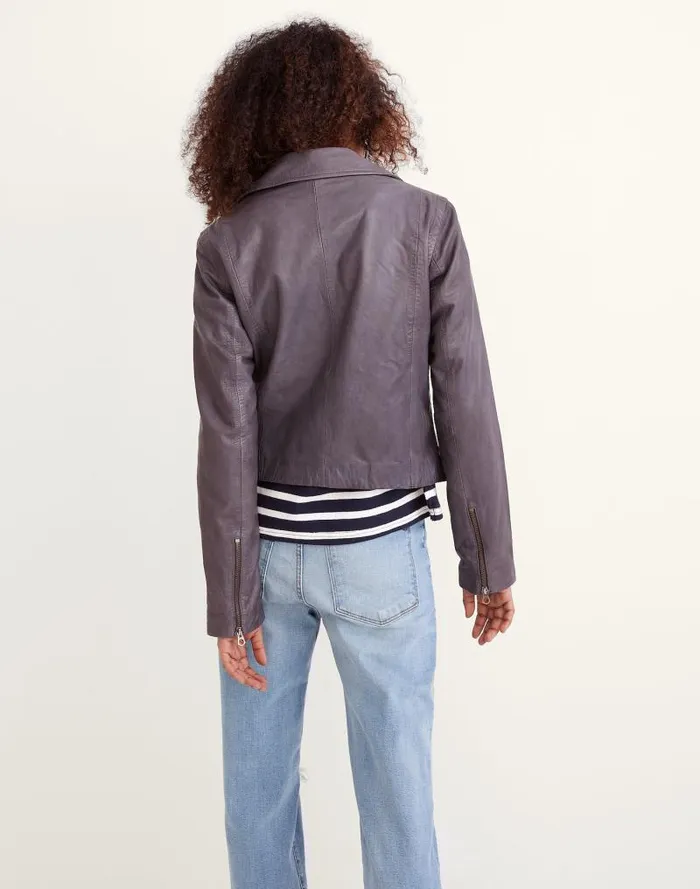 Women Washed Leather Motorcycle Jacket Brass Hardware Edition Sunfaded Indigo Madewell Coats Jackets
