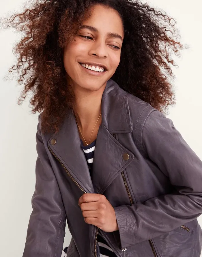 Women Washed Leather Motorcycle Jacket Brass Hardware Edition Sunfaded Indigo Madewell Coats Jackets