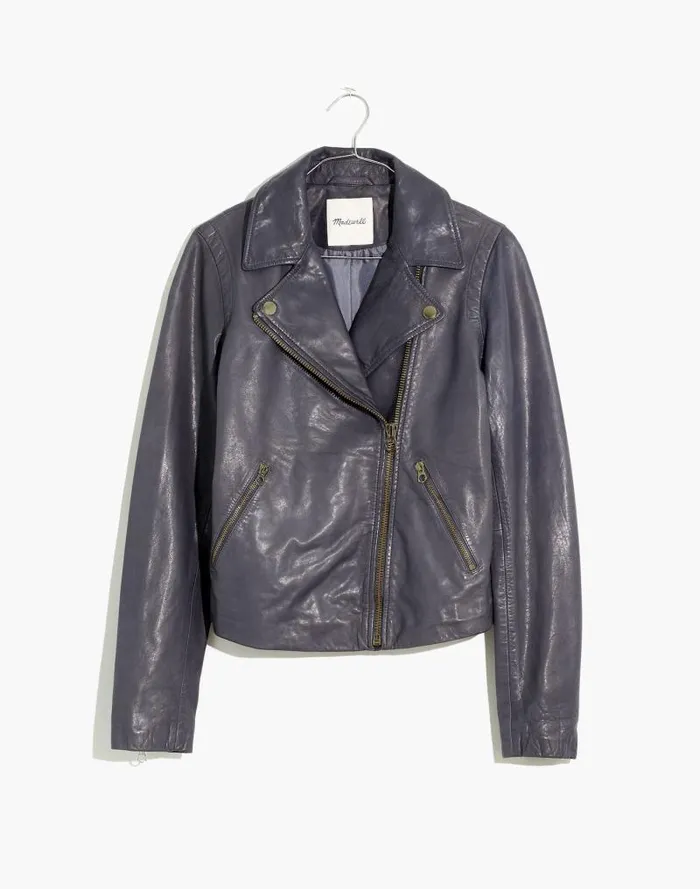 Women Washed Leather Motorcycle Jacket Brass Hardware Edition Sunfaded Indigo Madewell Coats Jackets