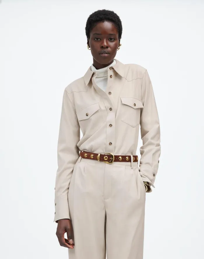 Women Western ButtonUp Shirt In Brushed Twill Pebble Stone Madewell Tops and Shirts Women Western ButtonUp Shirt In Brushed Twill Pebble Stone Madewell Tops and Shirts